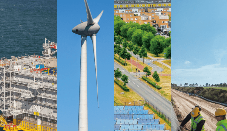 Kaft van de II3050 scenariostudie met een offshore platform, een windmolen, zonnepanelen en monteurs die infrastructuur aanleggen.